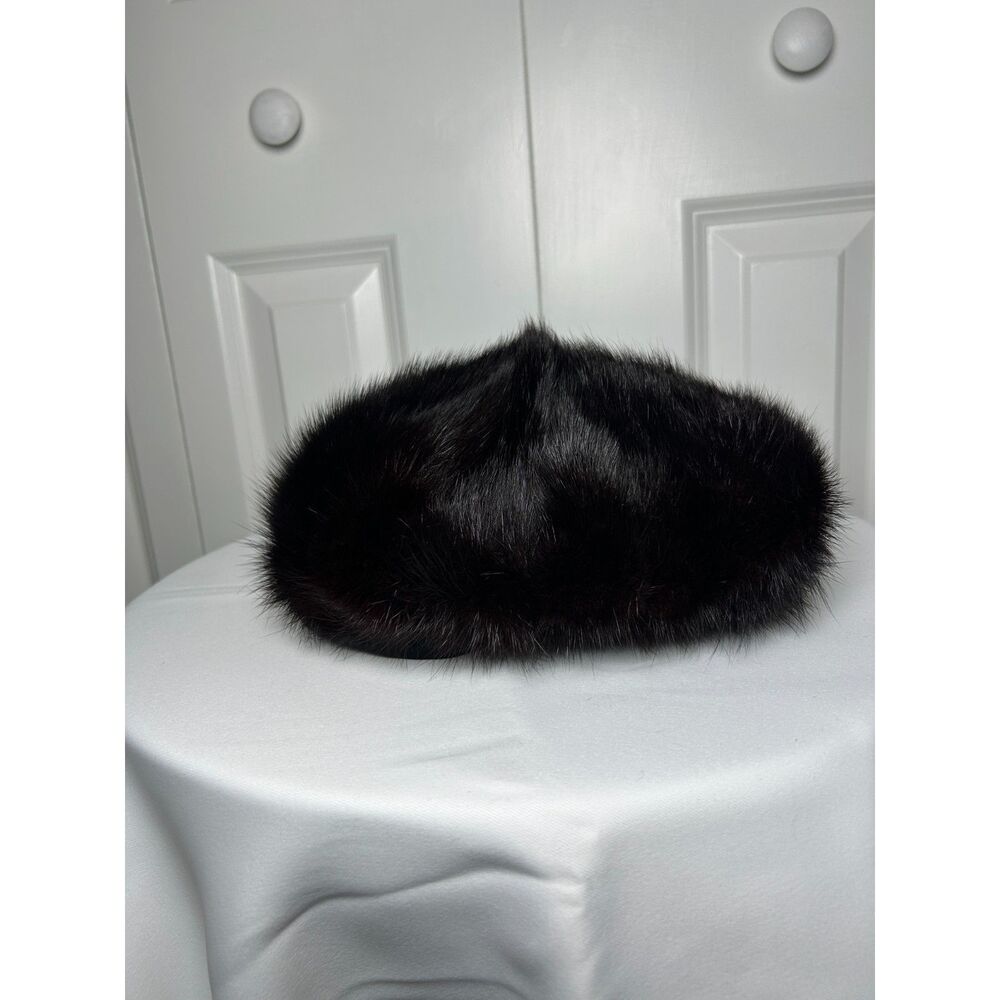 Vintage Dark Brown Mahogany Mink Fur Beret Pillbox Hat